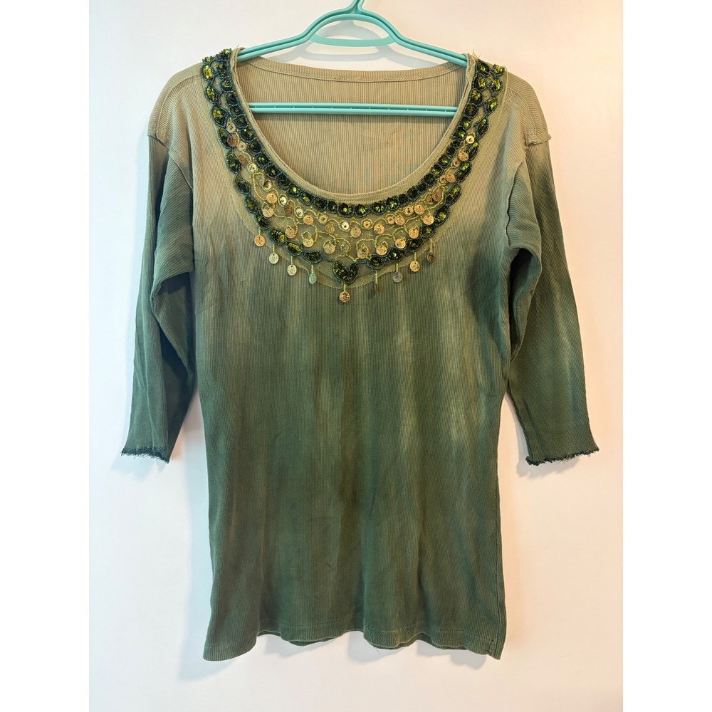 Vtg Y2K Beaded Forest Fairy Ombre Green Ribbed Top Sequin Coin Boho 3/4 Sleeve